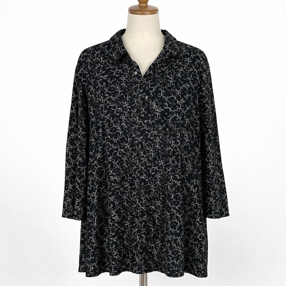 J.Jill Top Size 3x Button Down Black Floral Print Blouse Short Sleeve Collared